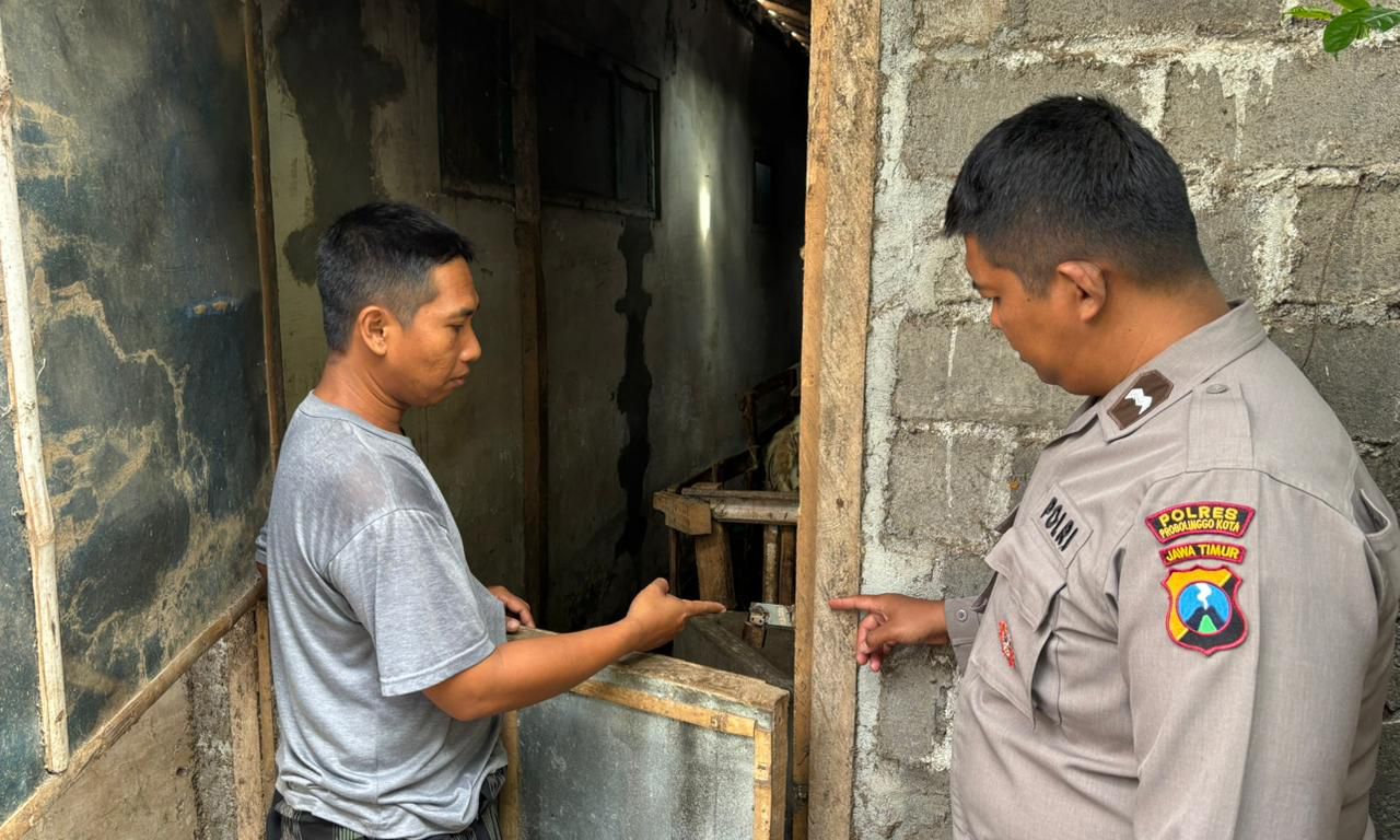 OLAH TKP: Anggota kepolisian Polsek Wonoasih melakukan olah TKP di kandang sapi milik Agus Sukamto, di Kecamatan Wonoasih, Kota Probolinggo, Minggu (28/12).