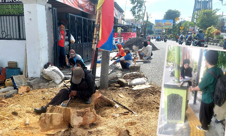 Pekerja nampak masih menggarap pengerjaan trotoar di Jalan Pangsud. Inset, KDK Kota Probolinggo bersama dinas terkait saat melakukan pengecekan trotoar di sepanjang jalan