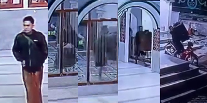AKSI PELAKU: Rentetan aksi pelaku pencurian kotak amal masjid di Nguling, Pasuruan yang terekam CCTV. (CCTV)