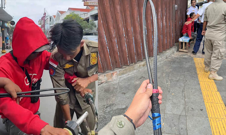 MELAWAN: Personel Satpol PP saat mengamankan Ar yang mengancam petugas dengan pecut. Kanan, Ar setelah diamankan.