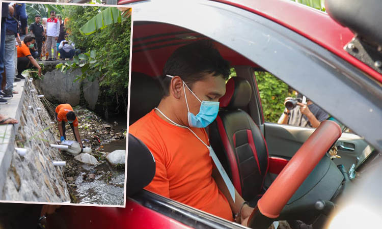 TERSANGKA UTAMA: Agus Saleman yang berada di kemudi mobil saat menunggu Suyitno membuang mayat Faradila di Wonorejo. Inset, tersangka Suyitno saat memeragakan adegan