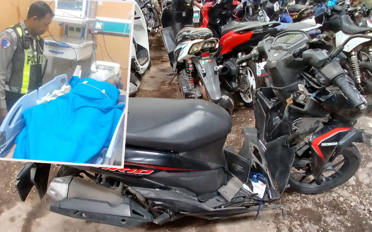 BARANG BUKTI: Kondisi motor Vario milik korban saat diamankan. Inset korban saat dirawat di RS.