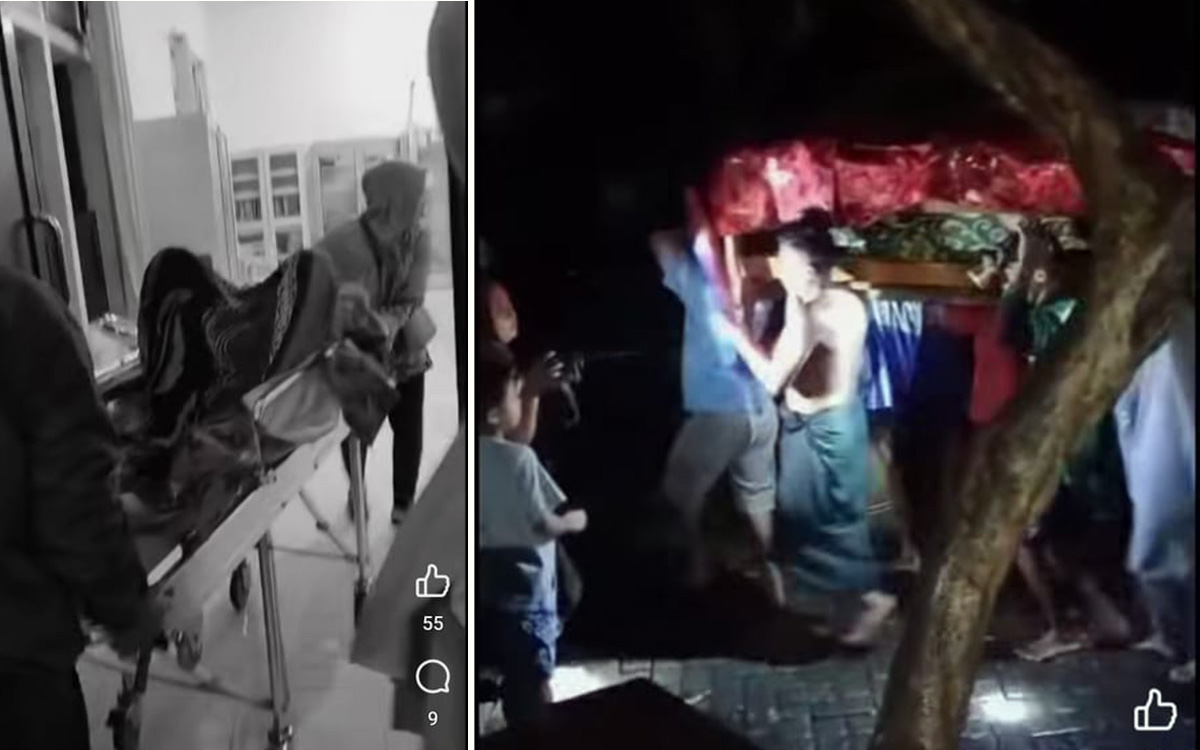 Petugas dibantu warga saat mengevakuasi ibu hamil terjebak banjir dengan tandu (foto kanan). Sang ibu saat dibawa ke Puskesmas Maron (foto kiri).