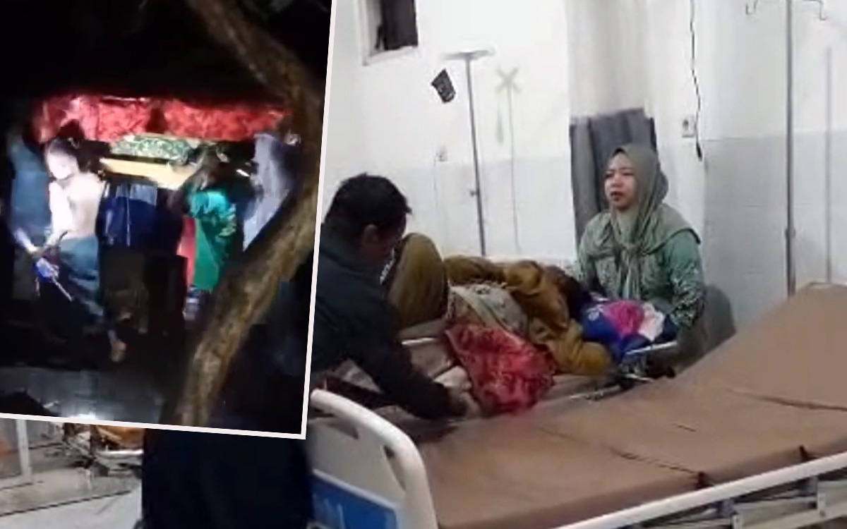 DRAMATIS: Nur Jannah saat dibawa ke Puskesmas Maron untuk proses persalinan. Inset evakuasi Nur Jannah yang sempat terjebak banjir saat kontraksi. (Istimewa)