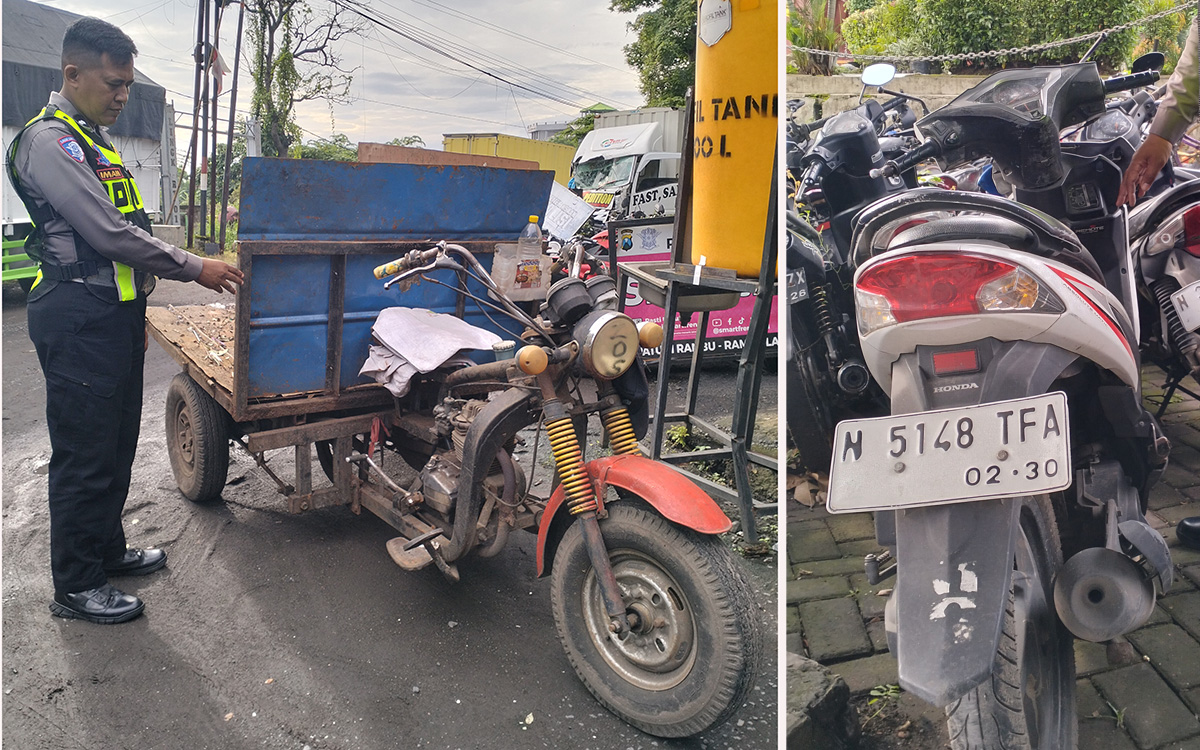 Petugas saat mengamankan motor roda 3 dan Honda Vario yang terlibat tabrakan. (Rizal Syatori/ Radar Bromo)