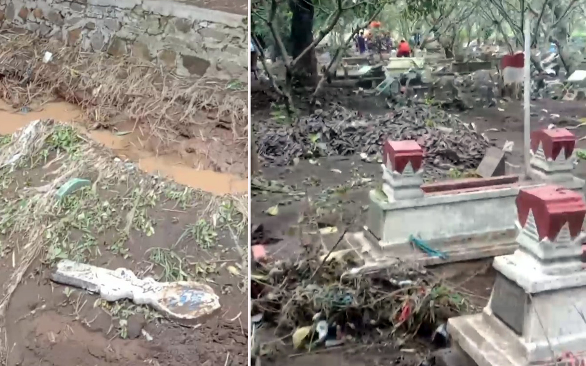 Kondisi makam di Nguling, Kabupaten Pasuruan usai tergerus banjir.