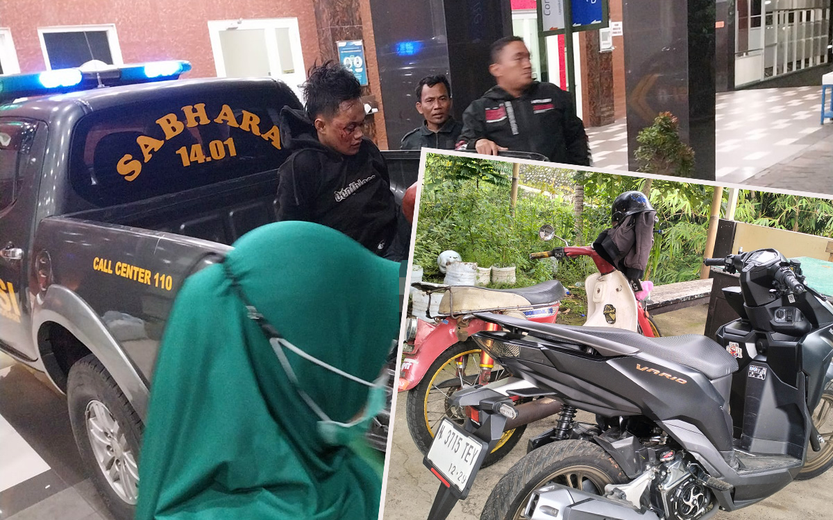 Firman saat dibawa ke RS dengan menggunakan mobil patroli polisi. inset motor korban diamankan. (Istimewa-Rizal Syatori/Radar Bromo)