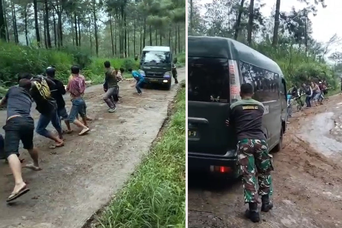 KERJA SAMA: Warga saat membantu mobil yang terperosok ke jalan rusak di Sumber, Kabupaten Probolinggo, Rabu (28/1). (Istimewa)