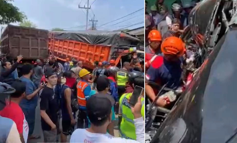 LOKASI: Warga di sekitar lokasi kecelakaan di Pleret, Pohjentrek, Kabupaten Pasuruan. Nampak dump truk yang menabrak Avanza. Kanan, Petugas dan arga mengevakuasi korban,