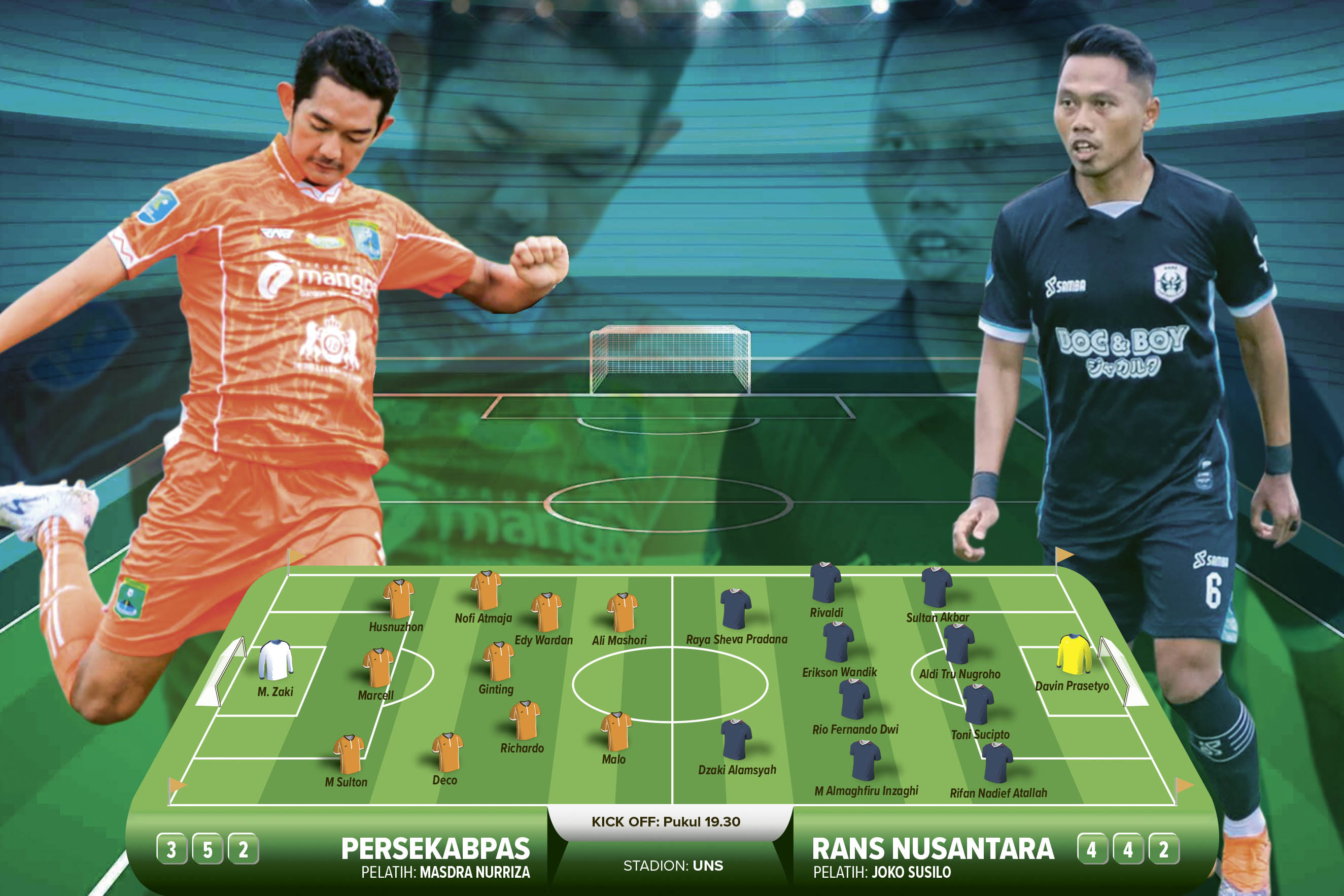 DUEL SENGIT: Playmaker Persekabpas Nofi Atmaja (oranye) dan gelandang Rans Nusantara Toni Sucipto. Keduanya bakal bertemu di laga malam nanti.