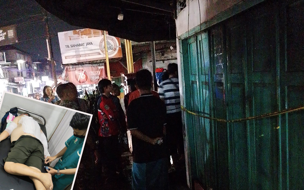 DI-POLICE LINE: Toko jamu di lingkungan Pesantren, Kelurahan/ Kecamatan Pandaan, Kabupaten Pasuruan usai dilalap api. Inset korban saat dirawat usai alami luka bakar.