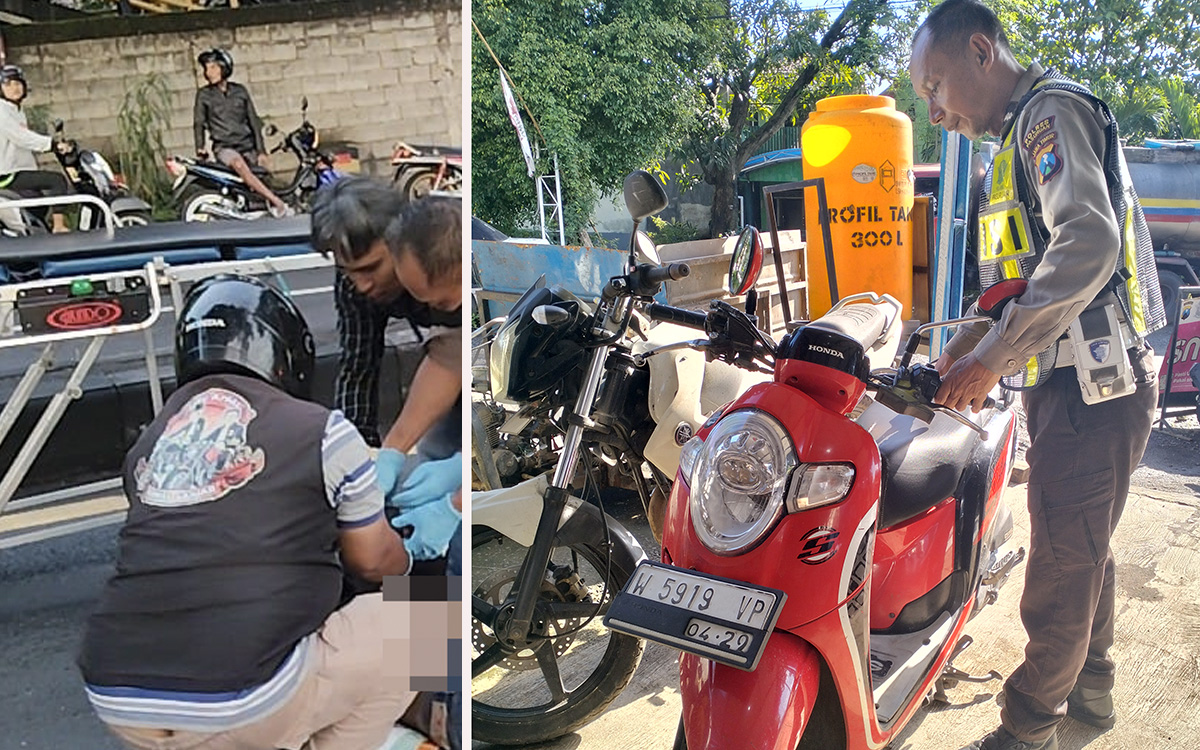 BARANG BUKTI: Petugas mengamankan motor korban. Inset korban saat dievakuasi dari lokasi kejadian. (Rizal Syatori/ Radar Bromo)