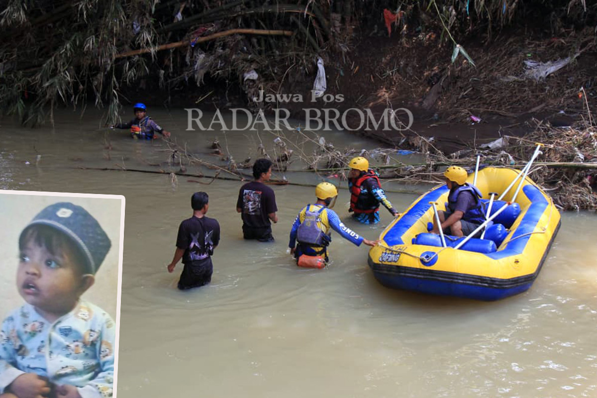 Tim SAR saat menyusur sungai mencari Muhammad Arsyad Arrozi, 2 yang hilang. Inset, Arsyad yang hingga kini belum ditemukan.