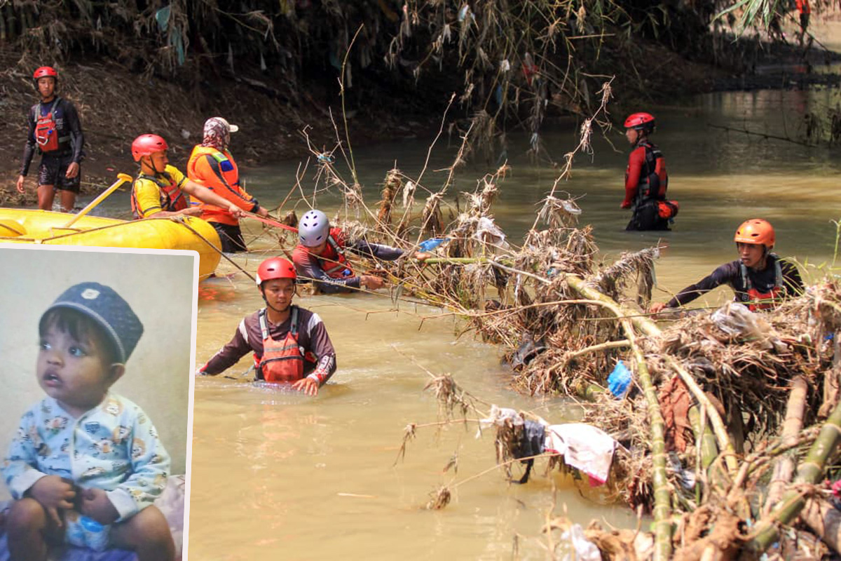 SISIR SUNGAI: Tim SAR gabungan melakukan sisir sungai mencari terhadap Muhammad Arsyad Arrozi, 2, di aliran Sungai Bayeman, Probolinggo.