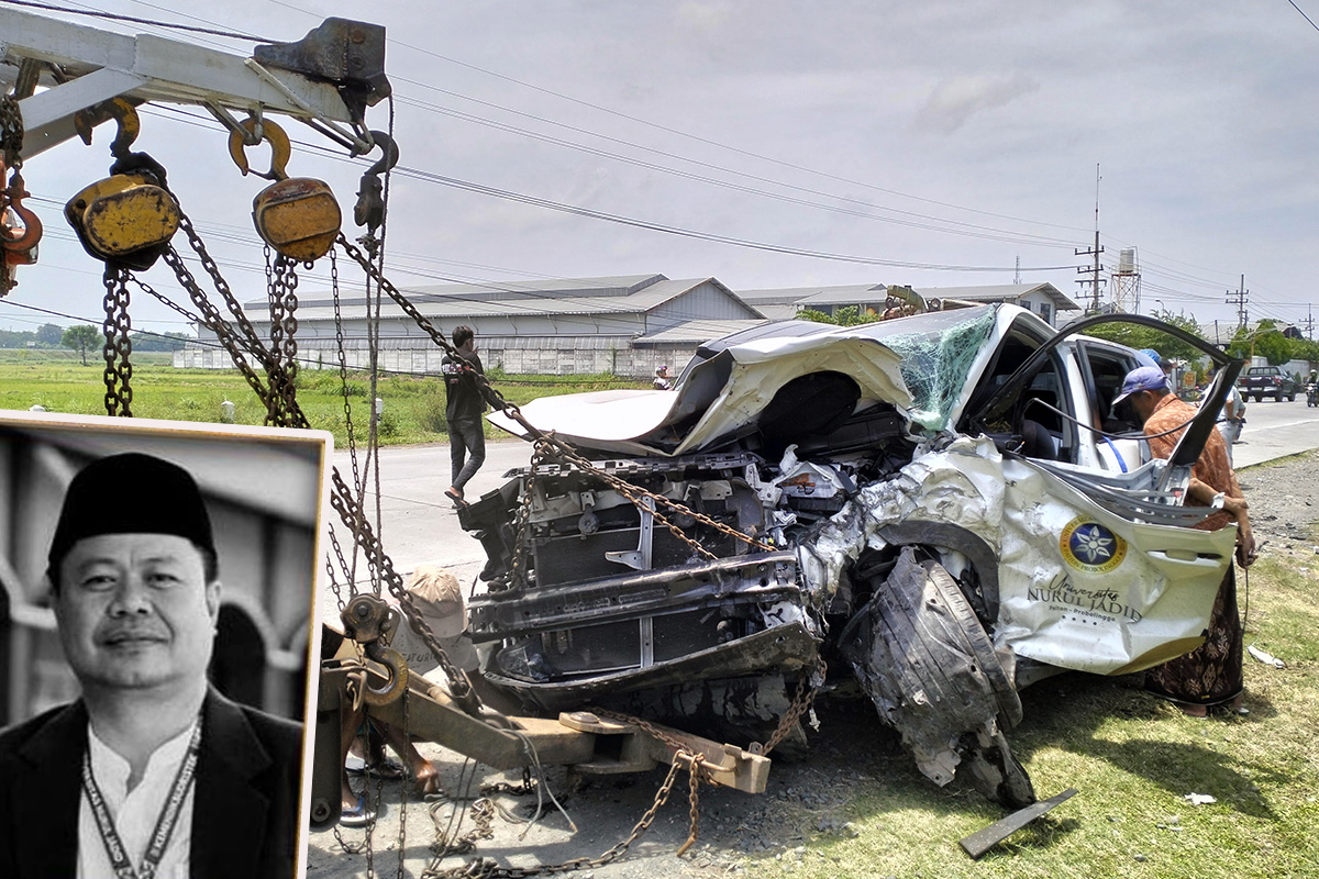 RINGSEK PARAH: Kondisi mobil dinas Universitas Nurul Jadid yang ringsek parah pada bagian depannya. Inset korban M. Syafiih, dosen di Fakultas Teknik Unuja semasa hidup.