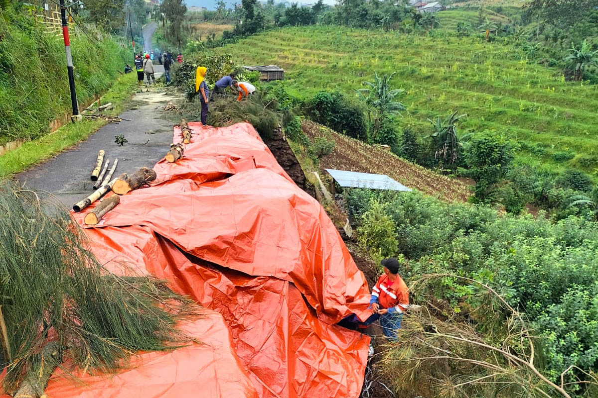 DARURAT: Jalan longsor di Desa Andonosari, Kecamatan Tutur, hanya ditutup terpal. Kini, jalan ini hanya bisa dilintasi kendaraan roda dua.