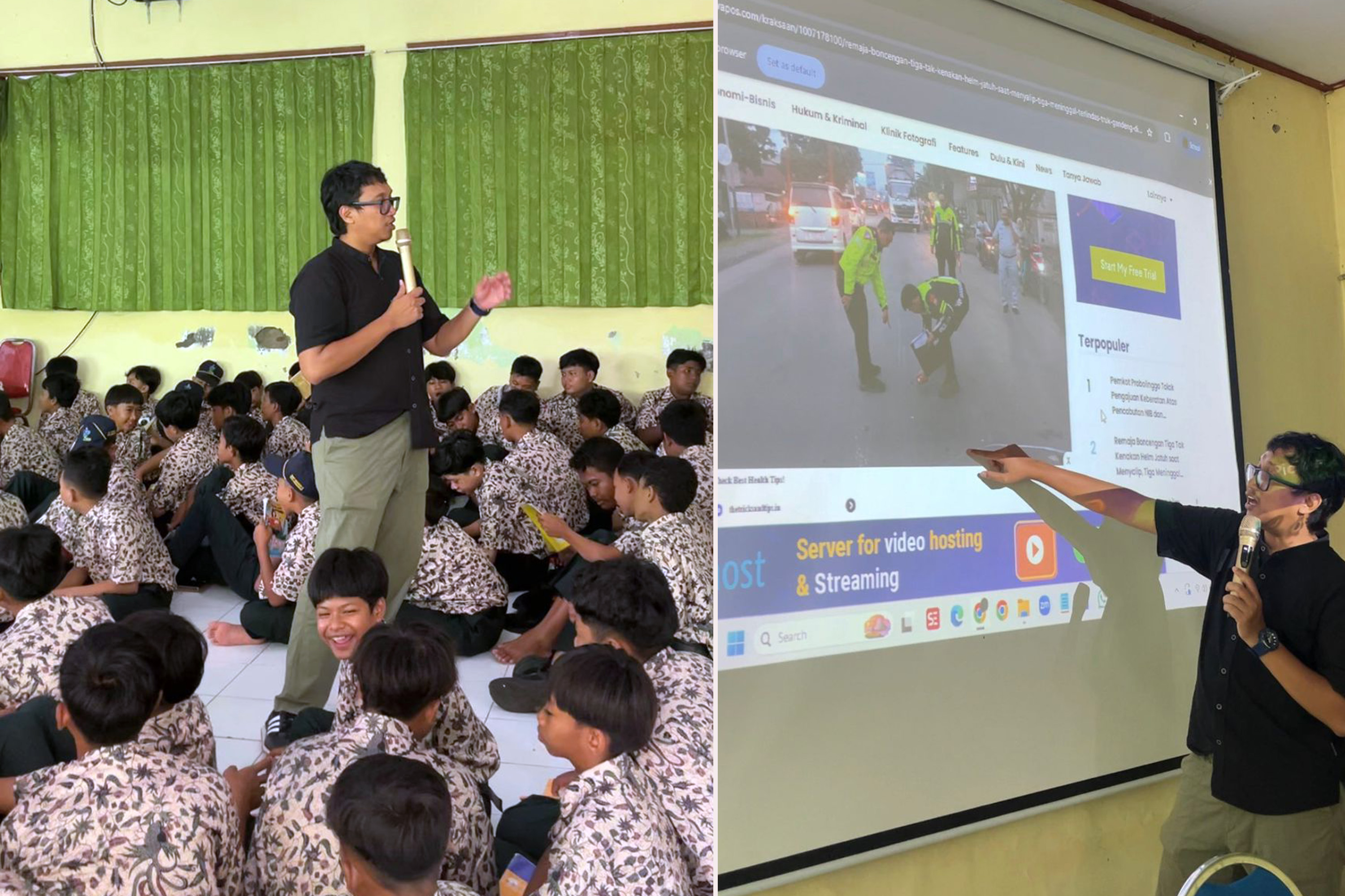 ANTUSIAS: Wartawan Jawa Pos Radar Bromo Muhammad Fahmi saat memaparkan materi jurnalistik online kepada ratusan siswa-siswi kelas VII SMPN 4 Kota Probolinggo, (11/2).