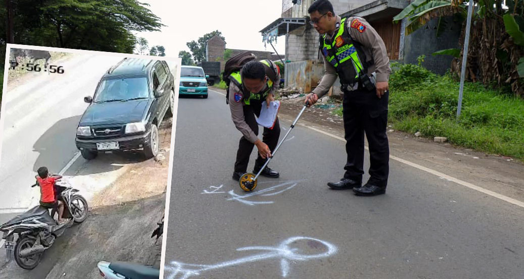 TRAGEDI: Petugas Satlantas saat melakukan olah TKP kecelakaan maut di perbatasan Desa Tebas, Gondangwetan dan Pohgading, Pasrepan. Inset rekaman CCTV saat Escudo menyeruduk korban.