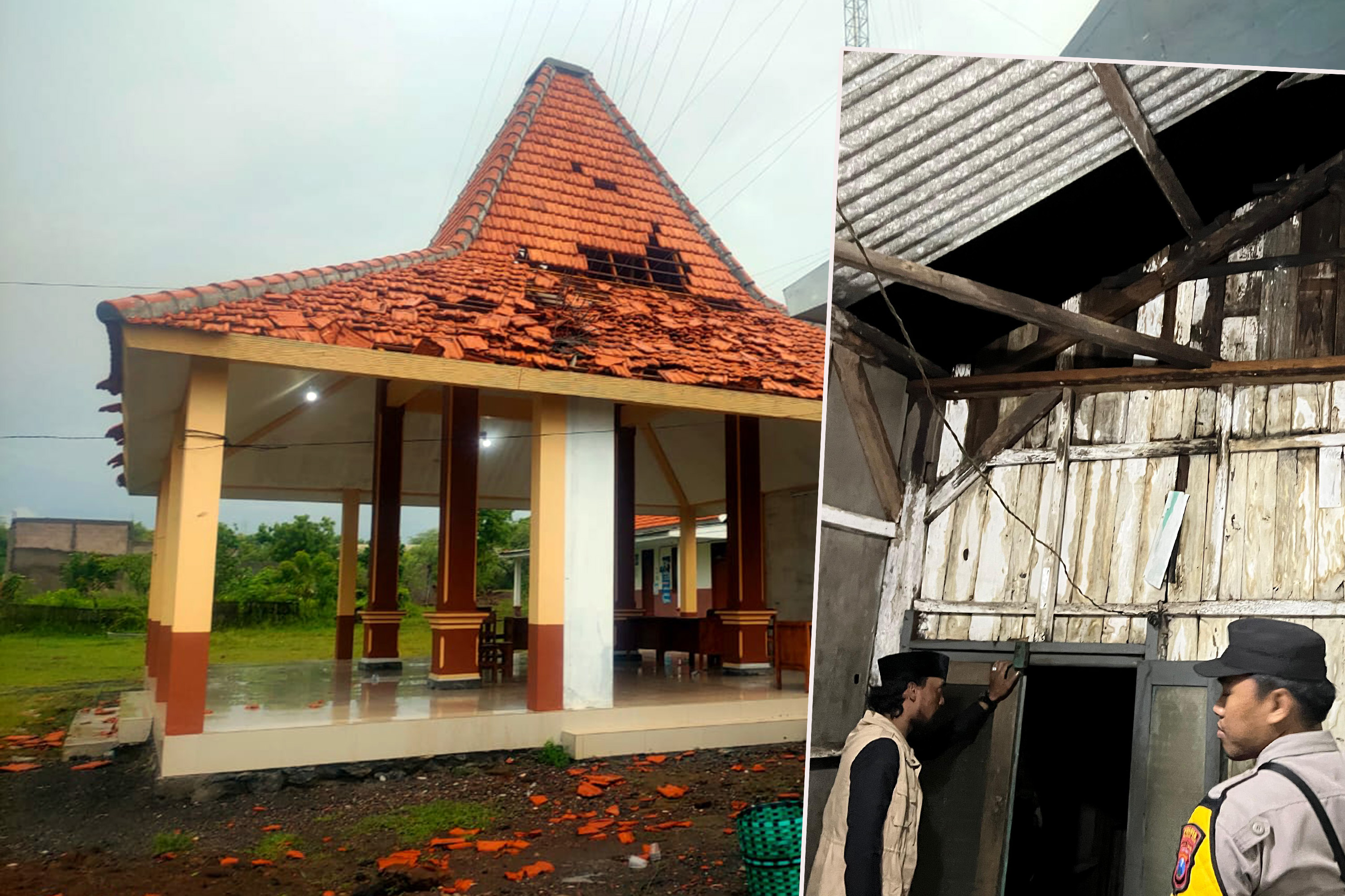 DITERJANG PUTING BELIUNG: Kondisi pendapa balai desa Watuprapat, Nguling dan sejumlah rumah warga yang alami kerusakan.