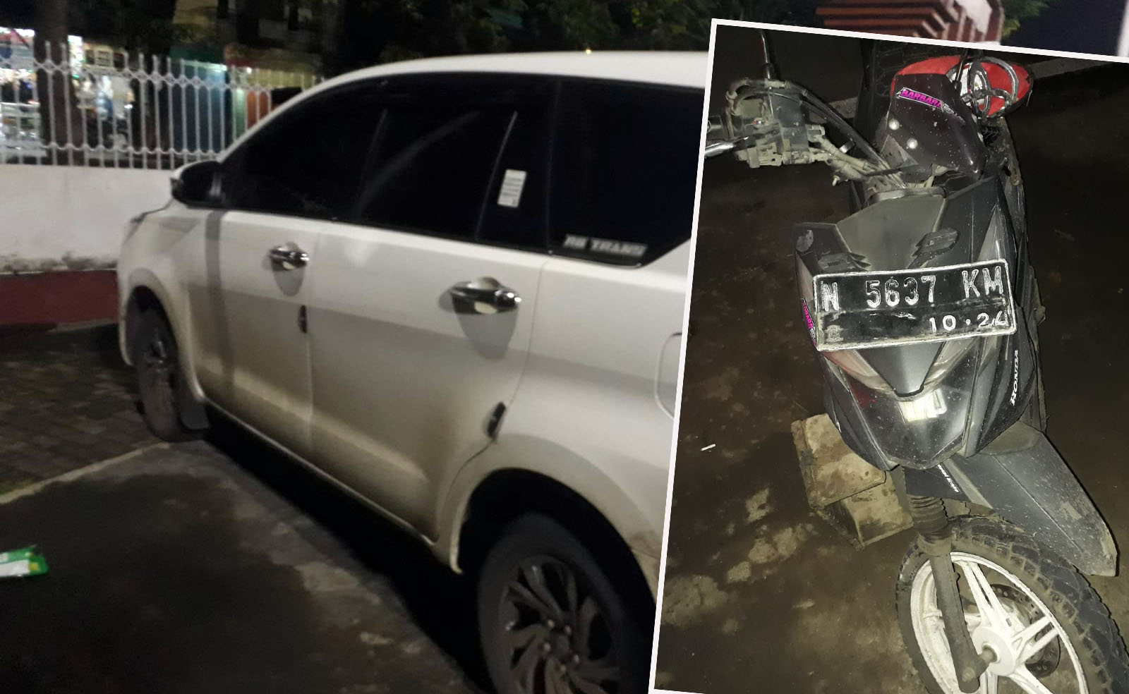 DIAMANKAN: Kondisi mobil Toyota Innova dan Beat yang terlibat tabrakan di Pohgading, Pasrepan.
