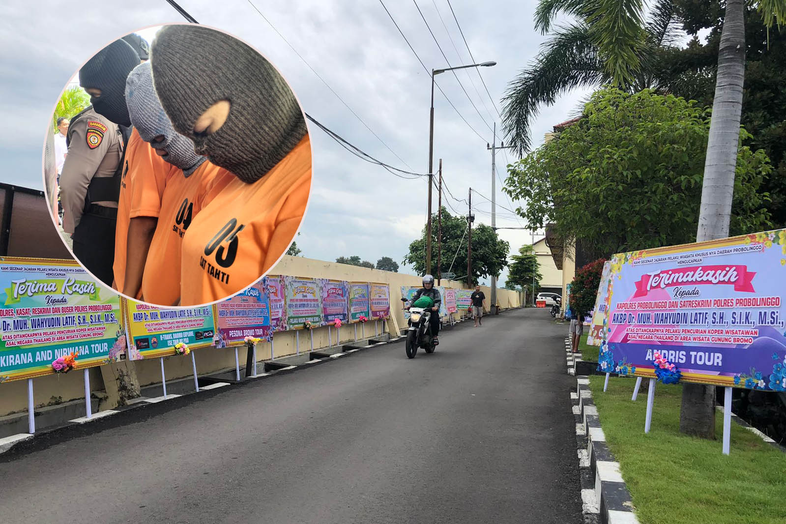 TERIMA KASIH: Ucapan selamat yang memenuhi halaman Mapolres Probolinggo, Selasa (24/2). Inset,. Tiga tersangka pencuri koper turis Thailand yang sudah diamankan.