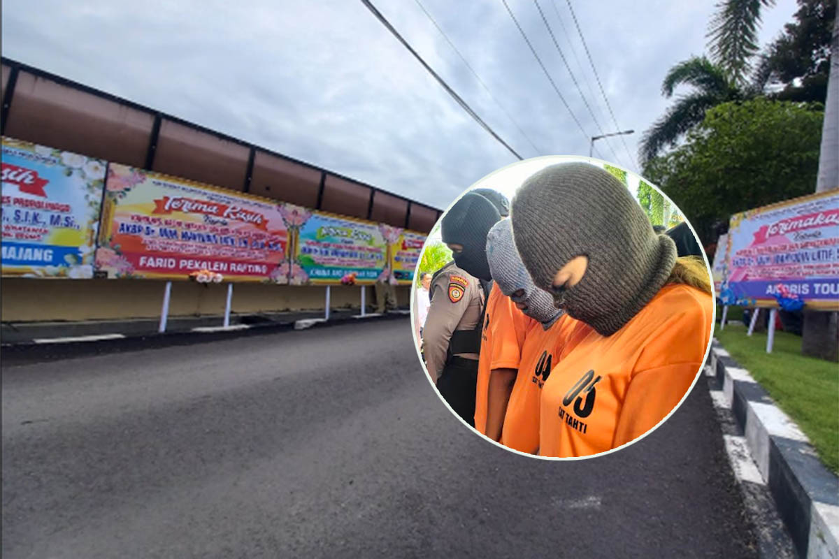 BANJIR UCAPAN: Karangan bunga dari para pelaku usaha wisata yang memenuhi halaman Polres Probolinggo. Inset, Tiga tersangka pencuri koper turis Thailand yang diamankan.