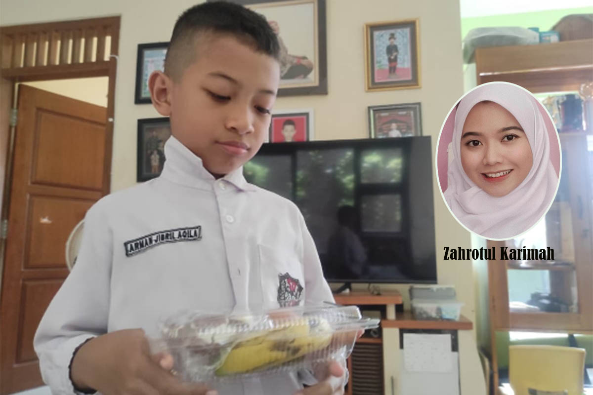 KERINGAN: Arman Jibril Aqila menunjukkan menu makan bergizi gratis yang didapatnya dari sekolahnya. Inset, Zahrotul Karimah, ahli gizi di RSUD Grati Kabupaten Pasur
