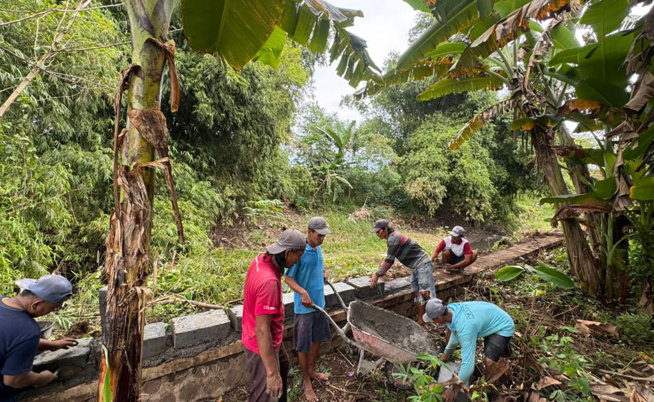 GOTONG ROYONG: Sejumlah warga Desa Tambakrejo, Kecamatan Tongas, Kabupaten Probolinggo, saat melakukan pembangunan parapet di Dusun Krajan, Jumat (27/2). 