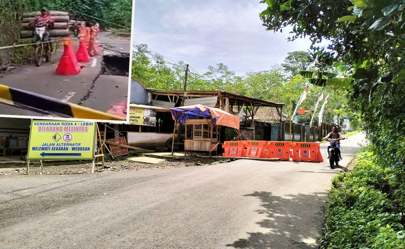 DIALIHKAN: Sebuah banner pengalihan arus terpasang di ruas jalan menuju wilayah jalan Dusun Kedungkokap yang amblas. Inset, salah satu motor nekat melintas. 