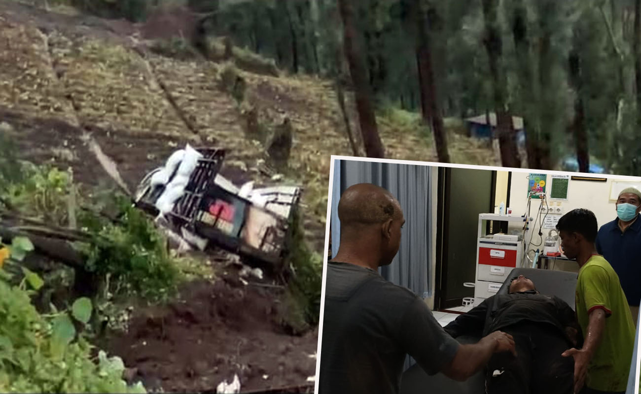 IMBAS LONGSOR: Kondisi truk yang masuk jurang usai terkena longsor di jalur Bromo via Tosari-Tutur. Inset, salah satu korban saat dirawat.
