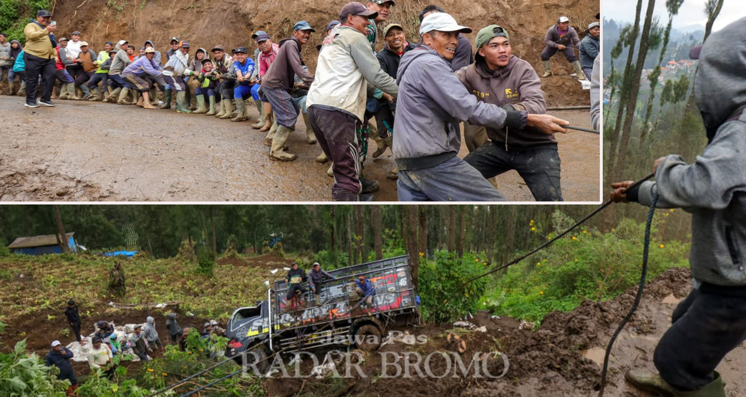 KOMPAK: Warga Tengger Pasuruan saat gotong royong mengevakuasi truk yang masuk jurang dengan alat seadanya, (3/3).