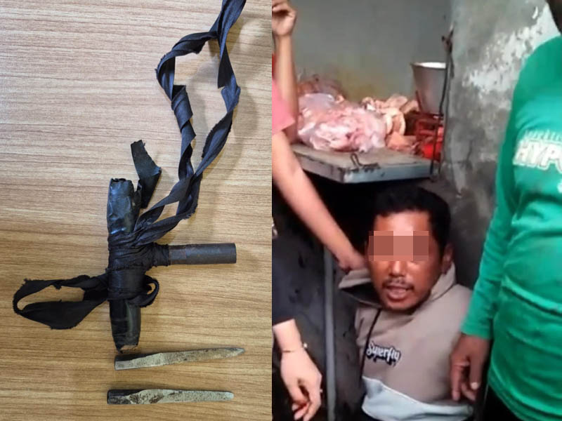 TAK BERKUTIK: HS yang sempat dimassa usai ketahuan mencuri motor pedagang telur di Pasar Wonorejo, Kamis (5/3) pagi. Inset, barang bukti yang diamankan dari tangan HS.