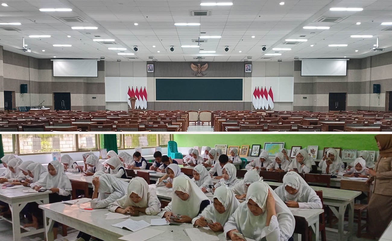 VENUE: Auditorium Madakaripura di lantai V Kantor Bupati Probolinggo siap jadi final TKA. Inset sejumlah siswa-siswi SMPN 2 Kraksaan saat mengikuti babak penyisihan. 