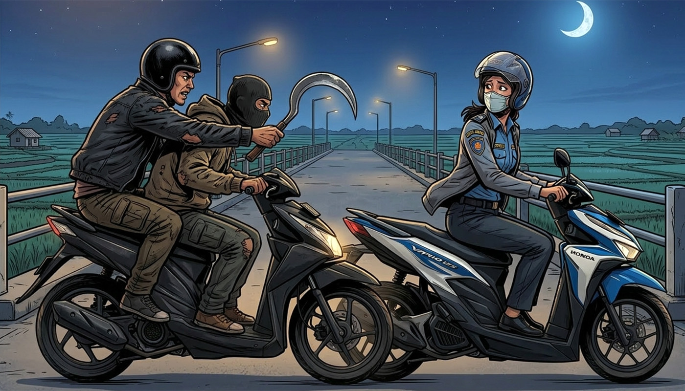 Ilustrasi begal di Jalan Ronggojalu, Sumberkedawung, Kecamatan Leces, Kabupaten Probolinggo. (AI)