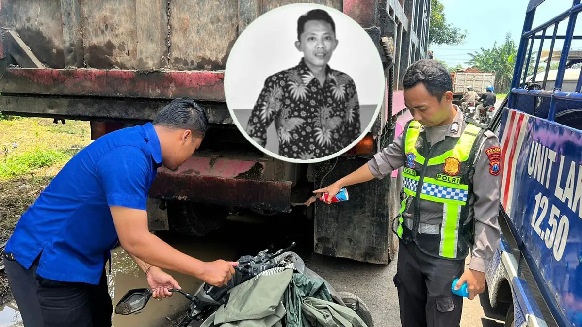 OLAH TKP: Personel Satlantas Polres Pasuruan Kota di Jalan raya Bromo, lokasi Khoiron (Inset) menabrak dump truck. (Foto : Polres Pasuruan Kota for Jawa Pos Radar Bromo)