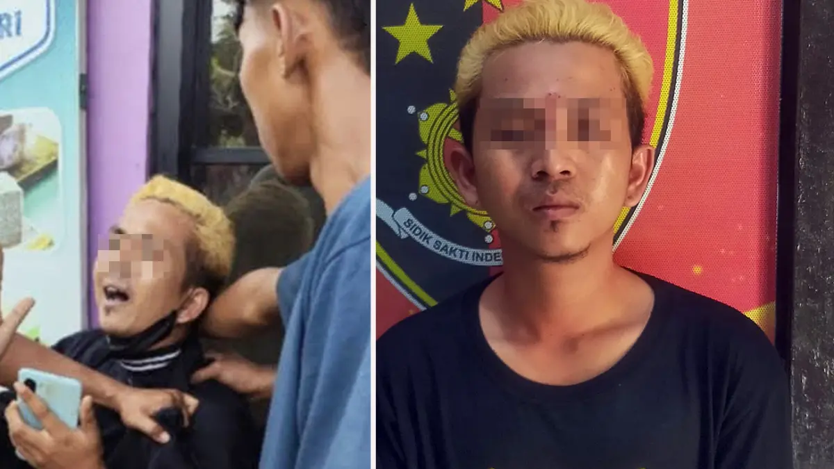 DITINGGAL TEMAN: Nur saat tepergok diamankan warga (kiri) dan saat diamankan di Mapolsek Pandaan. 