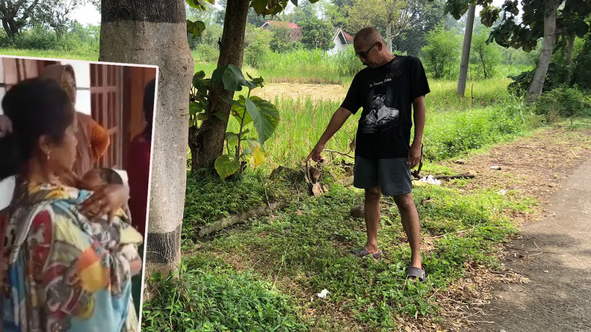 TKP: Lokasi bayi lelaki ditemukan di tepi jalan raya Sumber Kramat, Tongas. Inset, bayi saat digendong warga. 