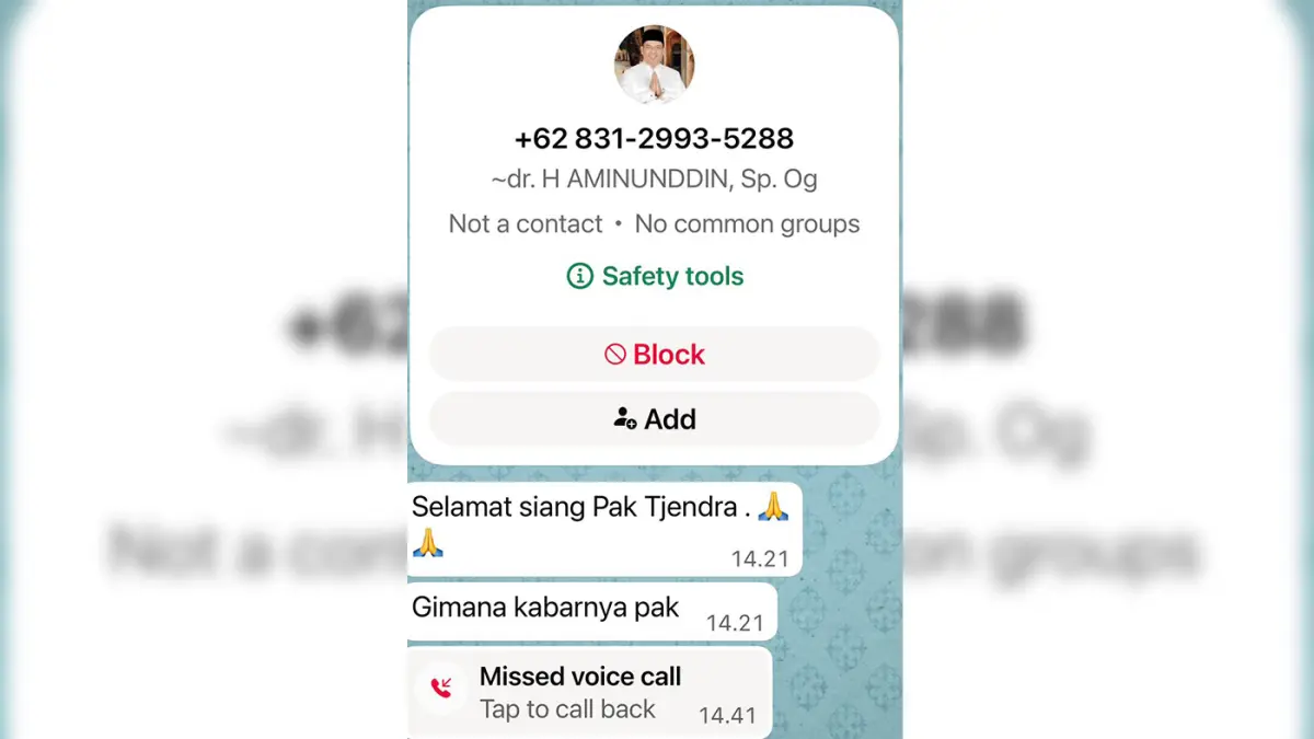 HOAX: Screenshoot pelaku yang menghubungi salah satu pengusaha di Kota Probolinggo dengan mengaku sebagai Wali Kota Probolinggo dr Aminuddin. 