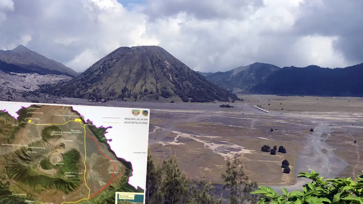 Gunung Bromo saat dipotret dari kawasan Cemoro Lawang. Inset gambaran desain penataan JLKT di Kaldera Bromo. (Inneke Agustin/ Radar Bromo)