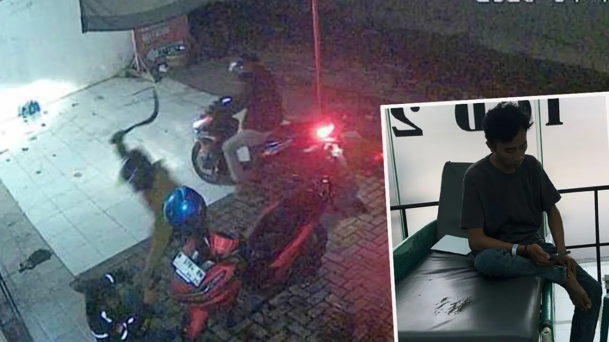 Rekaman CCTV pelaku saat beraksi. Inset, korban, Abdul Aziz, 26 warga Kelurahan Sukabumi, Kecamatan Mayangan, Kota Probolinggo saat melakukan visum di RSUD dr. Mohammad Saleh, Sabtu (11/4) siang