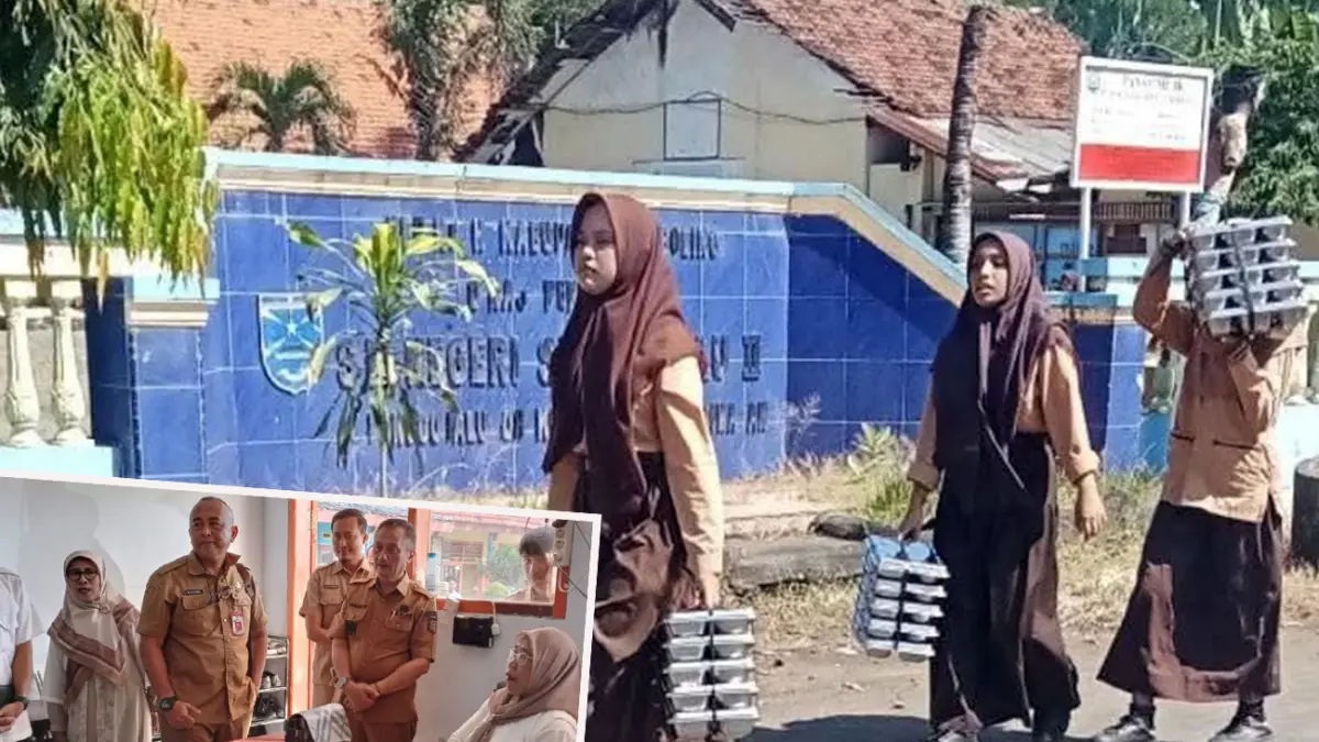 VIRAL: Sejumlah siswa SDN Sumberbulu Tegalsiwalan Probolinggo harus menyeberangi jalan demi mengambil ompreng MBG, beberapa waktu lalu. Inset Asisten Perekonomian dan Pembangunan Sekda Kabupaten Probolinggo M. Sjaiful Efendi saat lakukan monev. 