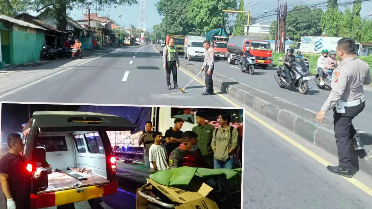 CARI BUKTI: Petugas kepolisian saat melakukan olah TKP untuk melengkapi alat bukti, insiden kecelakaan yang membuat seorang remaja meninggal dunia. Inset, korban saat dievakuasi. (Rizal Syatori-Istimewa/ Radar Bromo)