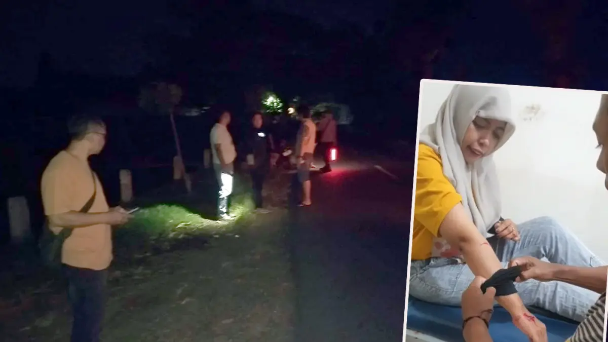 LOKASI PENJAMBRETAN: Petugas Polsek Gending melakukan olah TKP kasus penjambretan di jalan masuk Desa Jatiadi, Gending, Minggu (14/4) malam. Inset, korban saat dirawat di Puskesmas. 