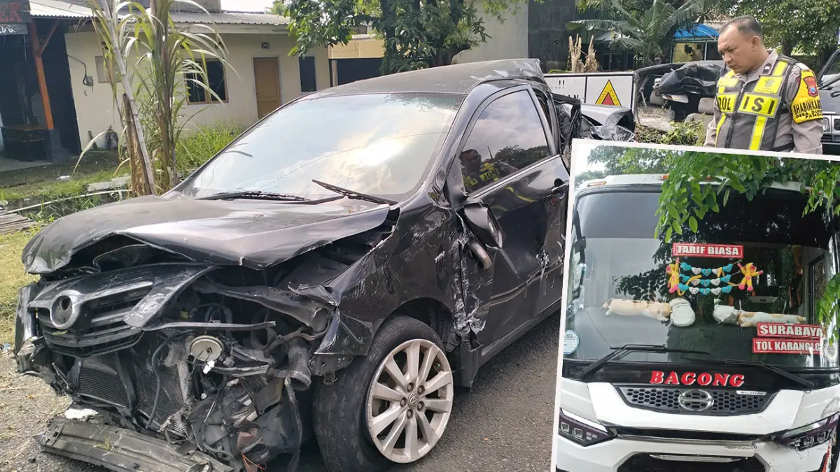 RINGSEK: Kondisi mobil Toyota Corolla Altis dan Bus Bagong yang terlibat tabrakan beruntun di tol Gempol-Pandaan. 
