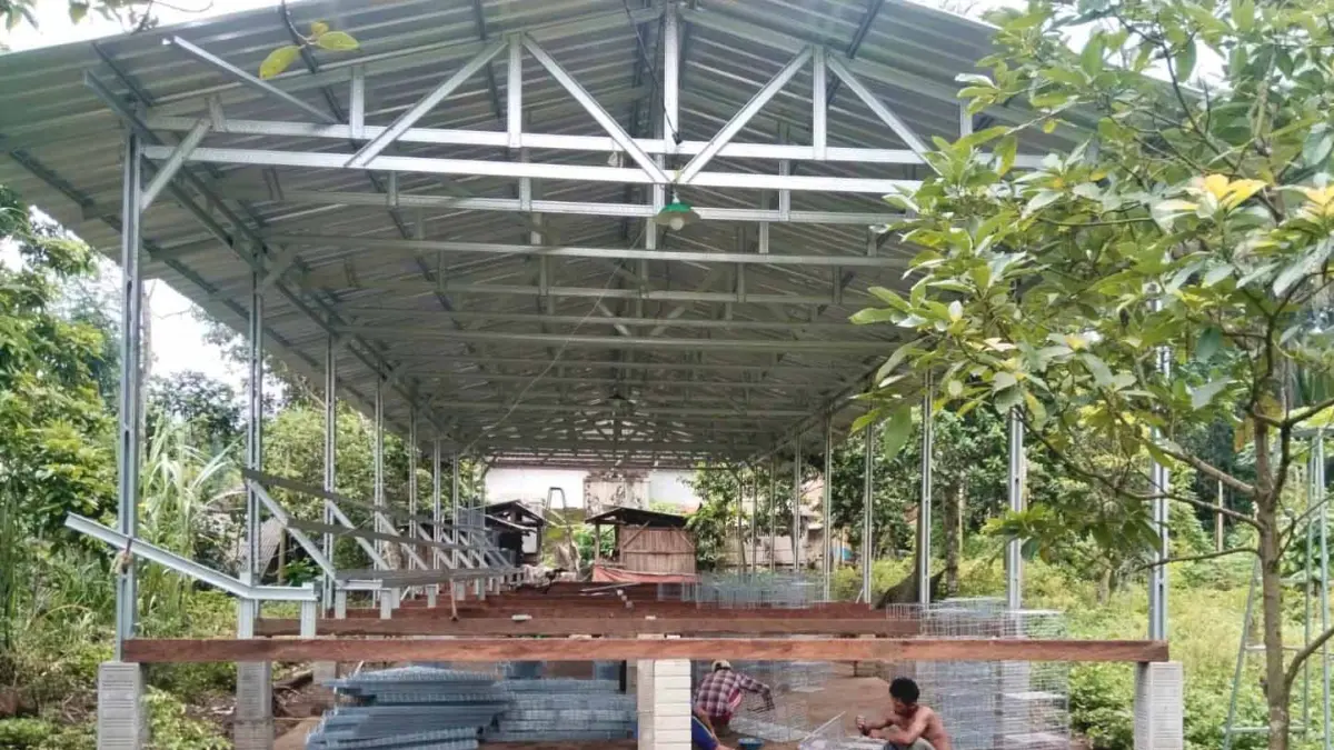 UNIT USAHA: Pekerja membangun kandang ayam petelur di RT 11/RW 4, Dusun Jurangdalam. Kini kandang sudah selesai dan siap diisi ayam. (PEMDES REJING FOR JAWA POS RADAR BROMO)
