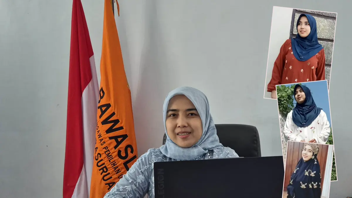 AKTIF-BISNIS: Vita Suci saat ditemui di ruangan Bawaslu. Inset, Vita dengan produk bordir buatannya. (Foto: Fahrizal Firmani/Jawa Pos Radar Bromo)