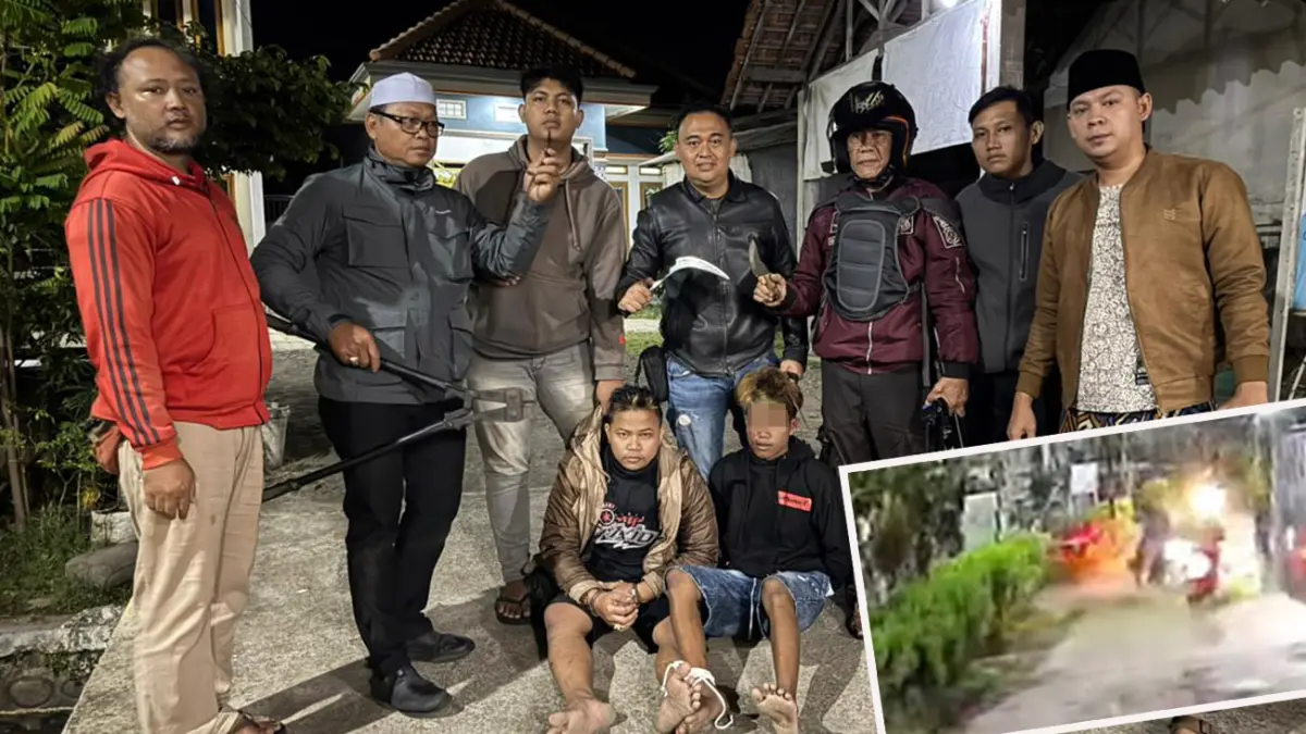 Dua pelaku (duduk) saat diamankan anggota Polsek Kraksaan di Desa Bulu. Inset rekaman CCTV yang menunjukkan aksi penangkapan pada 2 pelaku. 