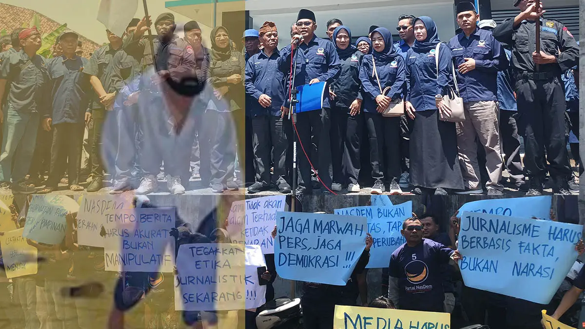 RAMAI-RAMAI:&nbsp;Aksi yang dilakukan Partai NasDem di Probolinggo yang menyoroti soal pemberitaan di salah satu media nasional, Rabu (5/4). (Foto: Agus Faiz Musleh/Jawa Pos Radar Bromo)