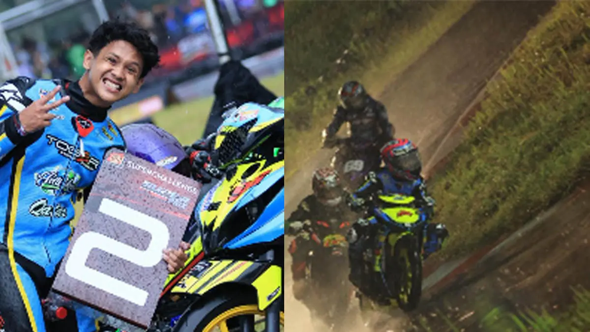 LINTASAN BASAH: Hafidz Fahril Rasyadan (biru kuning), pebalap asal Kota Probolinggo saat tampil di Superchallenge Super Prix 2026 series pertama di Tasikmalaya, Jumat-Sabtu (10-11/4) lalu. (Foto: Imron Hamzah for Jawa Pos Radar Bromo)