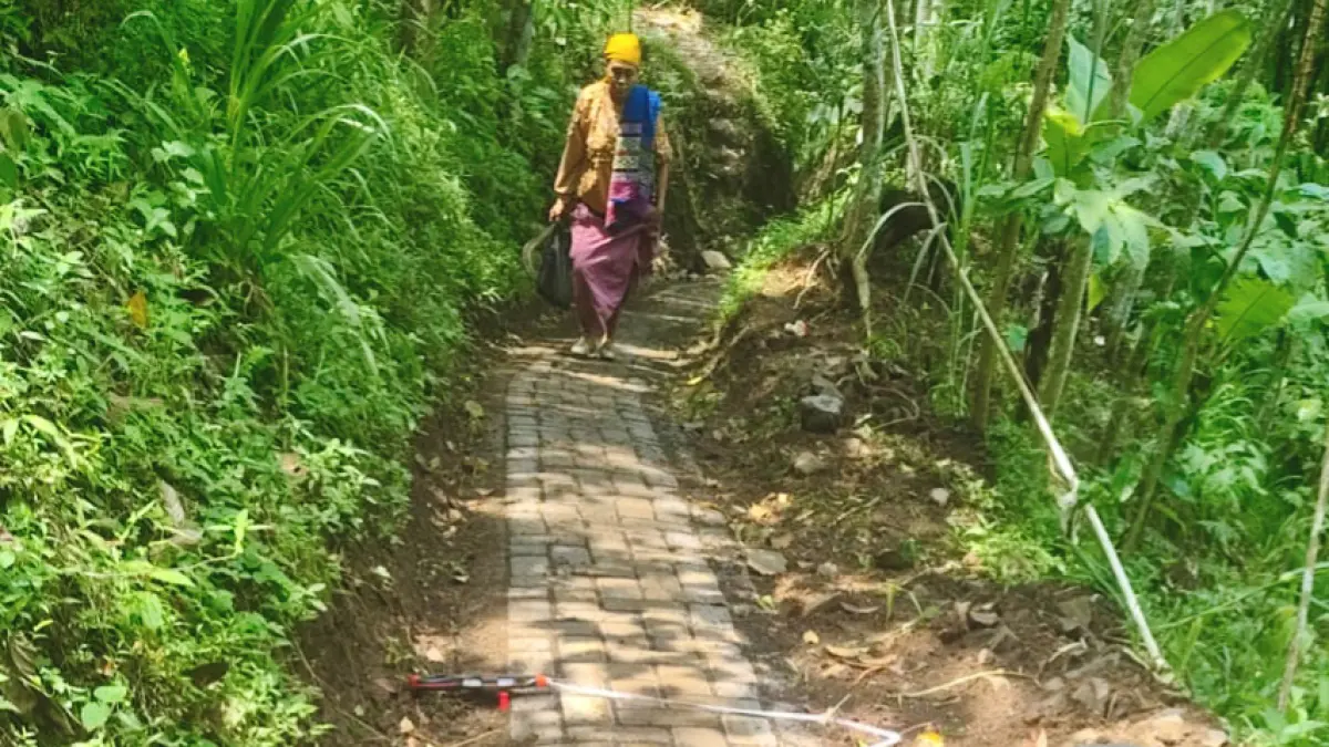 LEBIH NYAMAN: Seorang warga melintasi jalan paving di RT 20/RW 5, Dusun Manggis. (Pemdes Tiris For Jawa Pos Radar Bromo)